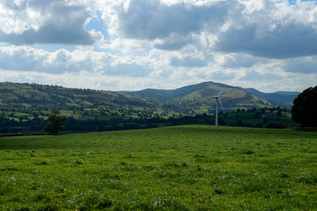 A wind turbine in a field in Wales.